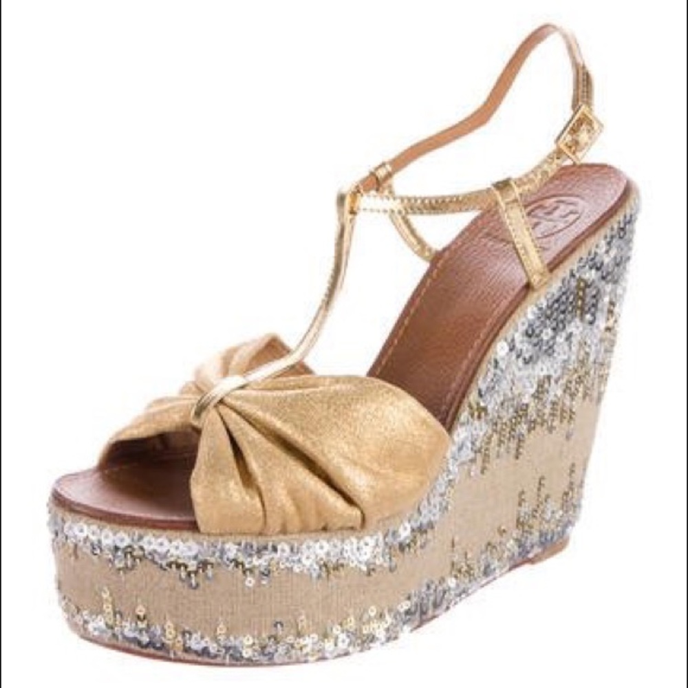 Tory Burch Percy 2 Wedge Gold & Silver
